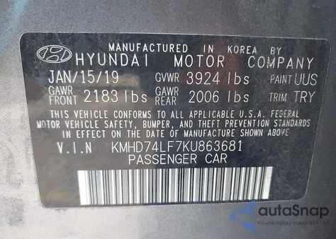 2019 Hyundai Elantra Se from USA, damaged, VIN KMHD74LF7KU863681